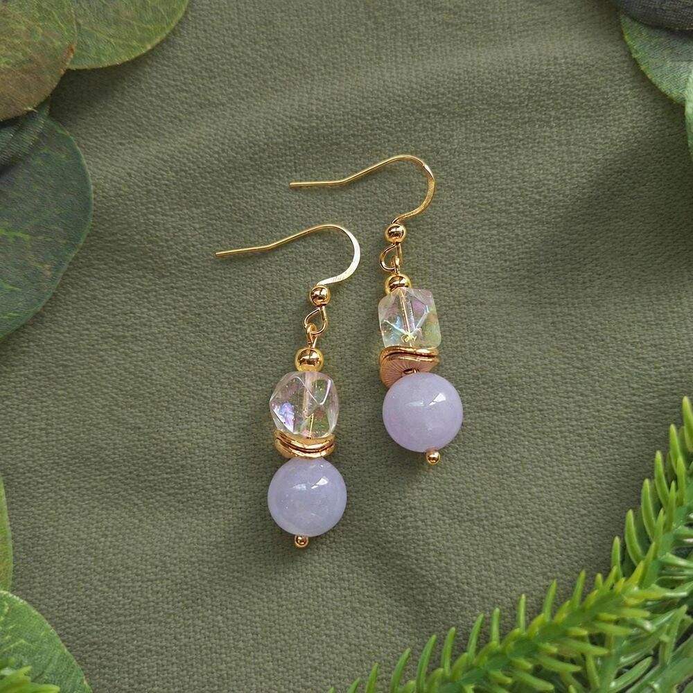 Pale Purple Aquamarine & Iridescent Czech Glass Earrings, Gold Dangle